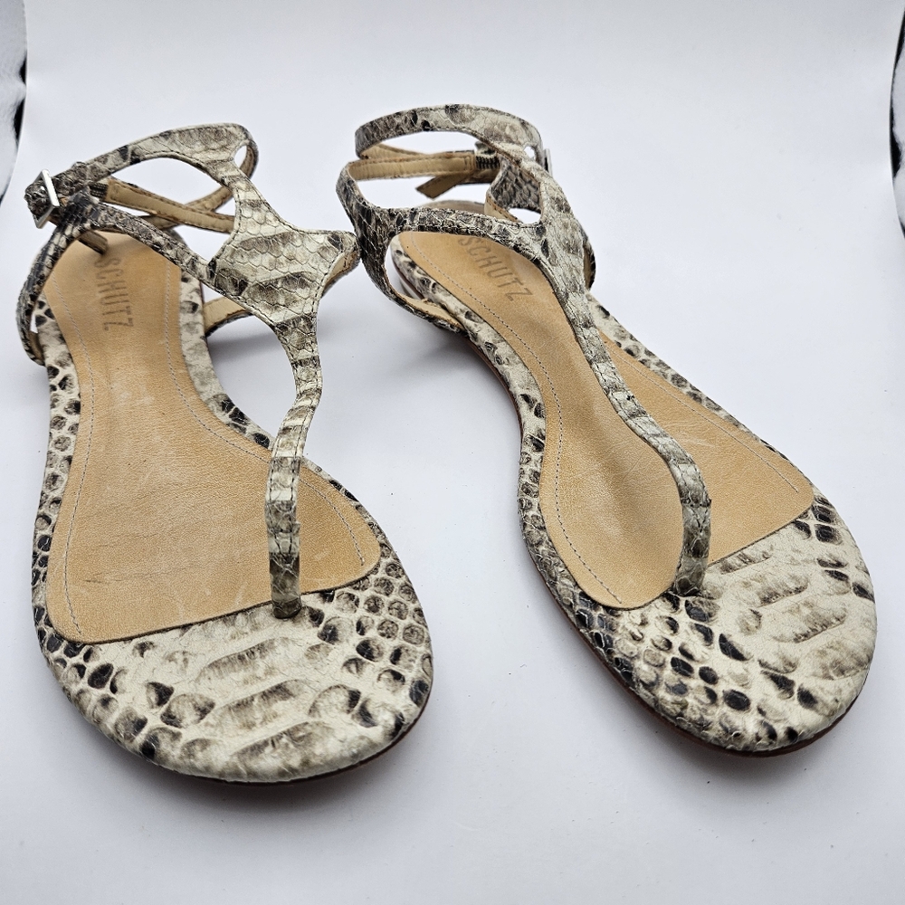 Schutz Leather Snakeskin Sandals Size 7.5 B Beige Flats